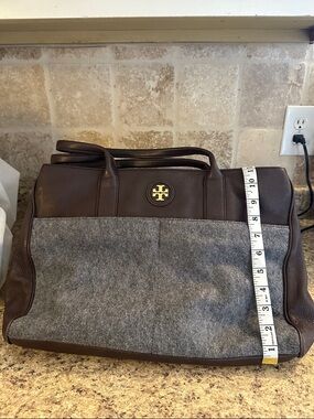 Large Tory Burch Brown Leather and Gray Felt Duffel Bag with Gold Logo